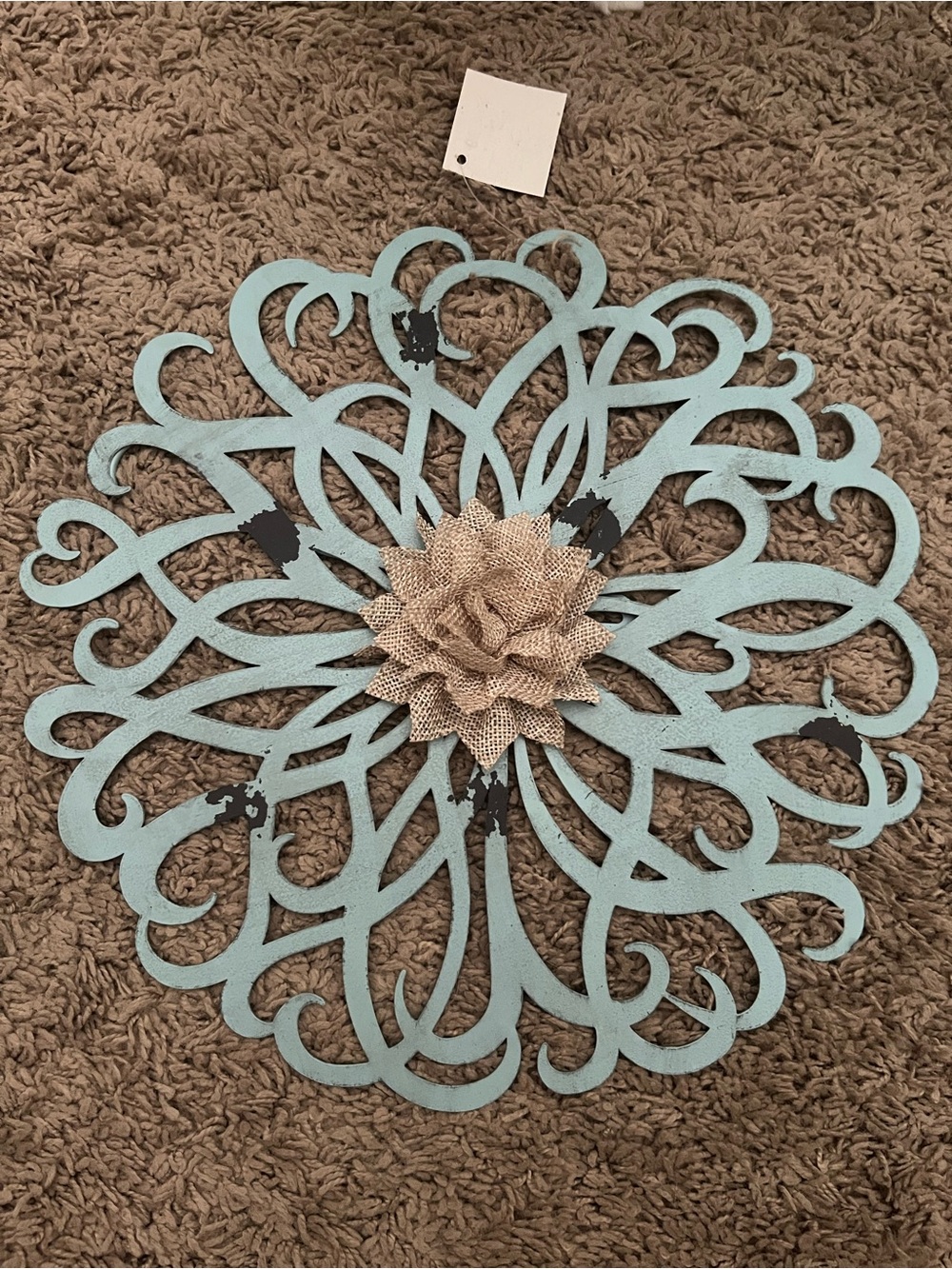 Decorative Turquoise Metal Wall Medallion with Burlap Flower